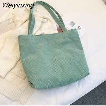 Weiyinxing Capacity Corduroy Shopping Bag Simple Art Canvas Shoulder Bag Multifunctional Leisure Retro Solid Color Women's Handbag